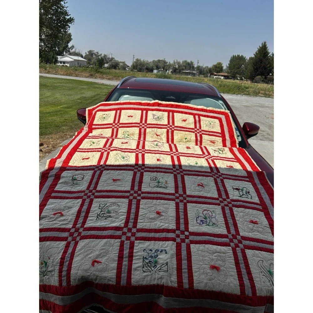Redwork Quilt Hand Embroidered Botanical Flower Blocks Red White 60